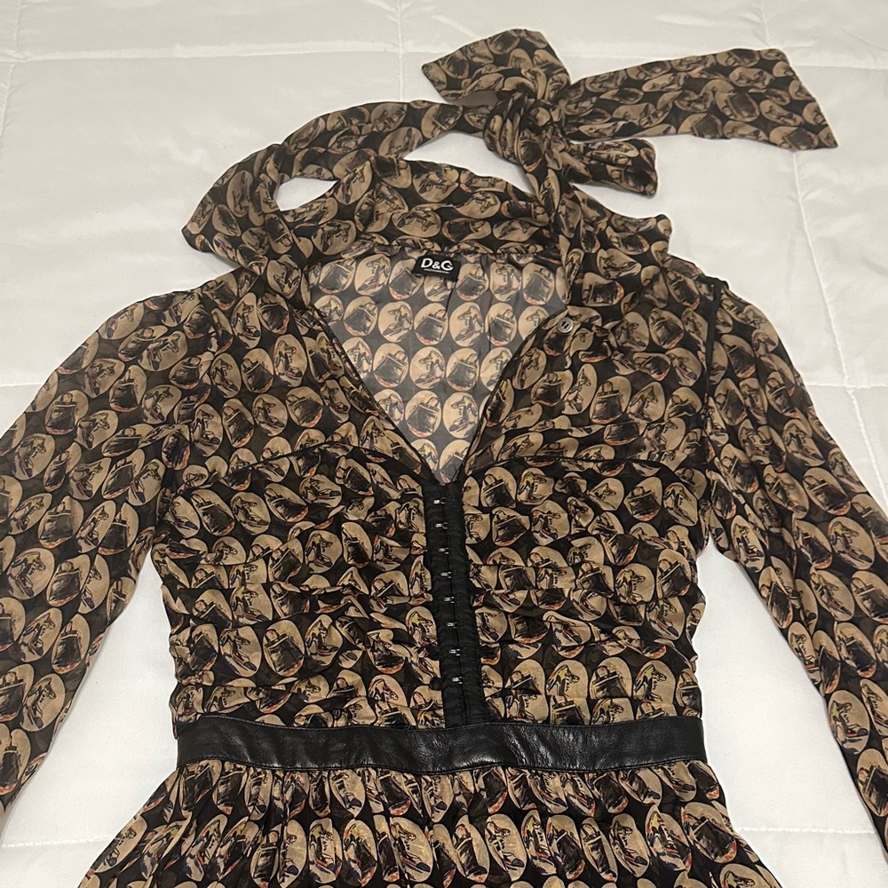 Dolce & Gabbana Artistic Print Long Sleeve Dress with Black Trim